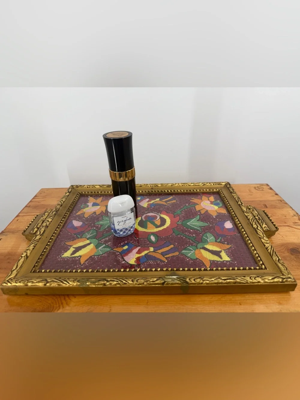 Vintage 70’s Framed Needlepoint Embroidered Floral Glass Vanity Gold Tray